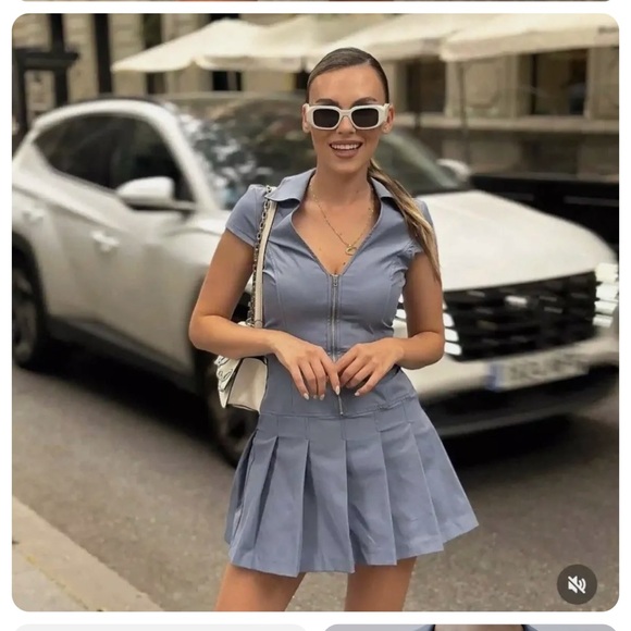 NWOT Zara Blue Pleated Mini Dress - Picture 3 of 10